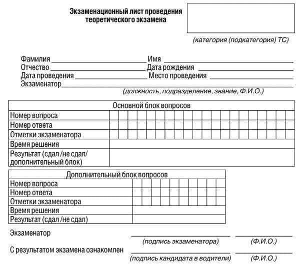 купить лист сдачи теоретического экзамена ПДД в Рязани